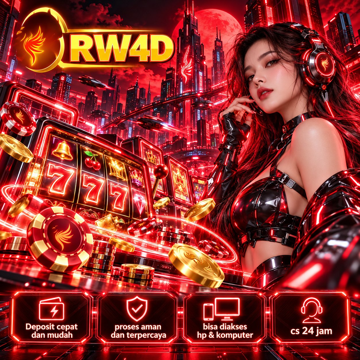 Poster RW4D dengan karakter futuristik dan lanskap kota merah